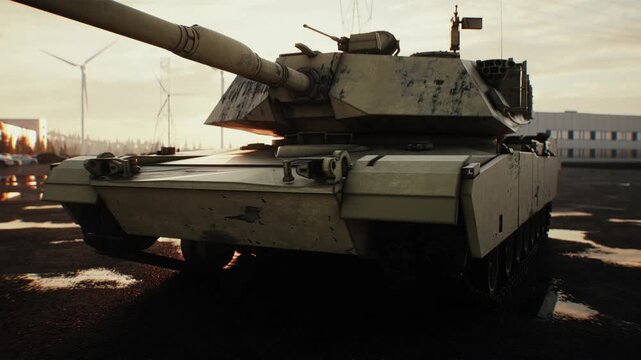 American Military Tank at Sunset, Armored Combat Vehicle in Dramatic Evening Light.