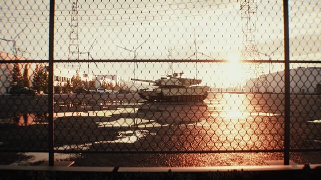 American Military Tank at Sunset, Armored Combat Vehicle in Dramatic Evening Light.