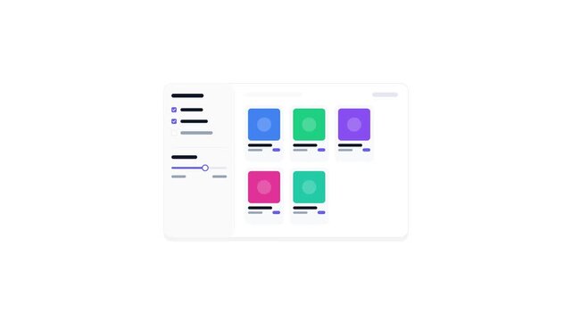 Modern web dashboard user interface animation featuring a minimalist grid of colorful content cards and a functional sidebar with interactive filters and sliders for seamless data management.