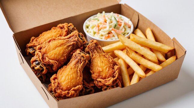 Crispy fried chicken wings with golden french fries, fresh coleslaw salad in brown cardboard takeout box. Delicious fast food meal combo on white background. Tasty junk food snack set for lunch