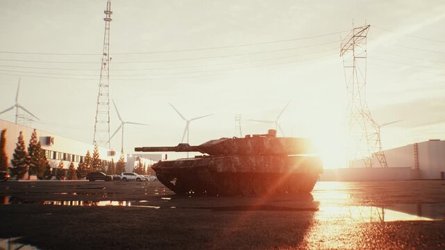 German Military Tank at Sunset, Armored Combat Vehicle in Dramatic Evening Light.
