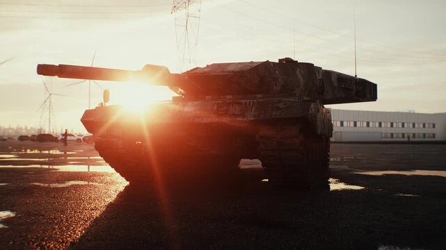 German Military Tank at Sunset, Armored Combat Vehicle in Dramatic Evening Light.