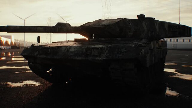 German Military Tank at Sunset, Armored Combat Vehicle in Dramatic Evening Light.