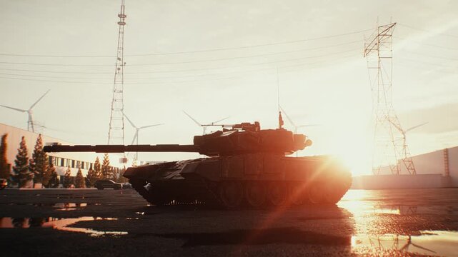 Russian Military Tank at Sunset, Armored Combat Vehicle in Dramatic Evening Light.
