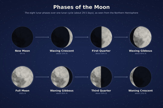 Phases of the Moon educational diagram showing eight lunar phases from new moon to waning crescent with labels and percent illuminated
