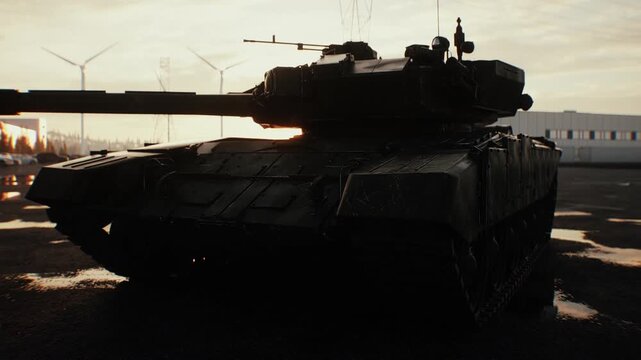 Russian Military Tank at Sunset, Armored Combat Vehicle in Dramatic Evening Light.