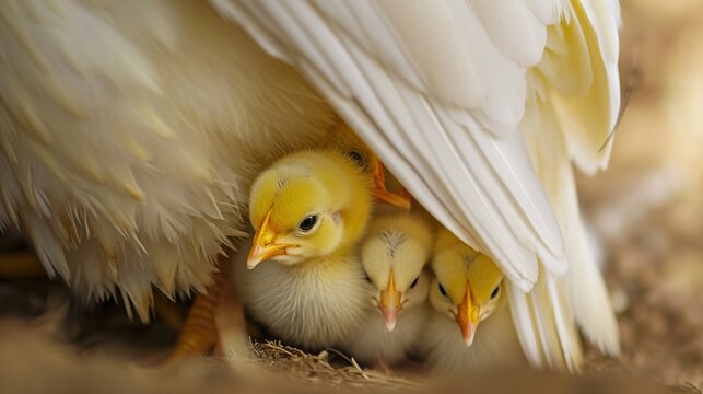 Adorable fluffy yellow baby chicks peeping out from under the protective white wings of their mother hen on a farm, showcasing themes of maternal care, warmth, safety, and new life in spring.