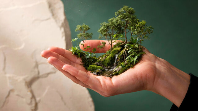 Miniature lush green forest ecosystem with a tiny waterfall growing on a human hand palm