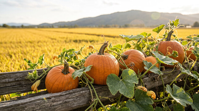 Autumn harvest pumpkins on farm fence with scenic yellow field and mountain background
