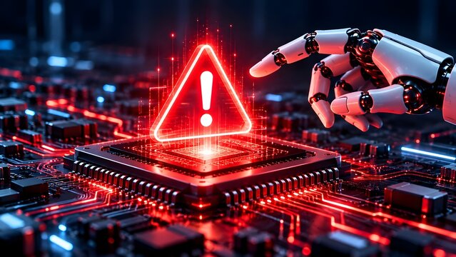 Cybersecurity threat alert concept with robotic hand pointing at glowing red warning sign on computer processor and motherboard circuits