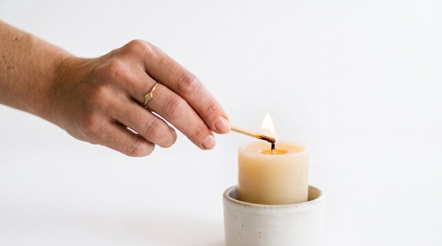 Hand lighting a candle with a match on a white background