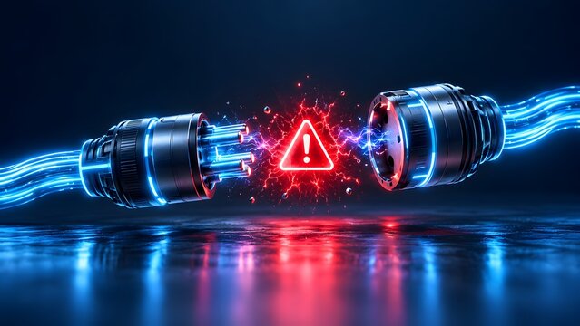 Disconnected heavy electrical cables with glowing red warning triangle representing power outage and network connection failure
