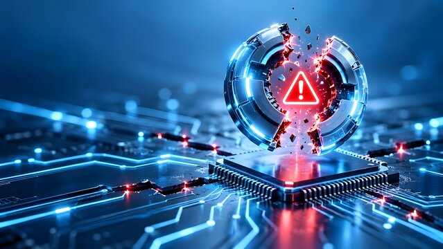 Critical hardware failure and system overload represented by exploding digital ring with warning alert over computer microchip