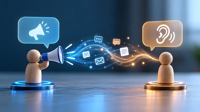 Digital marketing communication concept showing glowing data streams flowing from broadcasting megaphone to listening audience