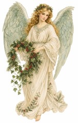Fototapeta premium Elegant angel illustration with wreath and flowing white gown