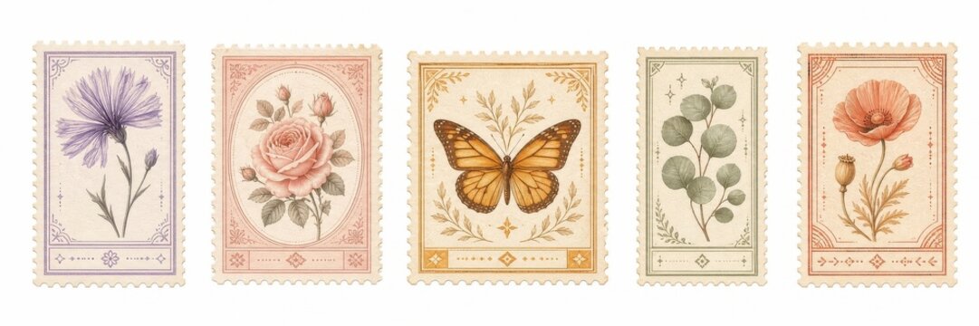 Vintage botanical postage stamp set with flowers and butterfly