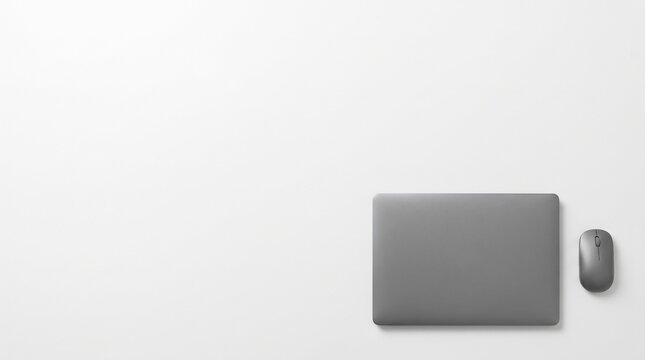 Closed gray laptop and wireless computer mouse on clean white desk, minimalist top view flat lay with large copy space, modern technology workspace concept