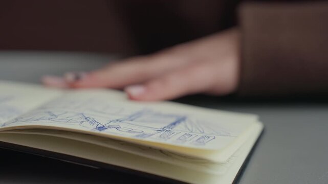 Close up shows woman steady hands using blue pen to draw detailed architectural sketches in open notebook with soft lighting highlighting texture of paper and precision of lines