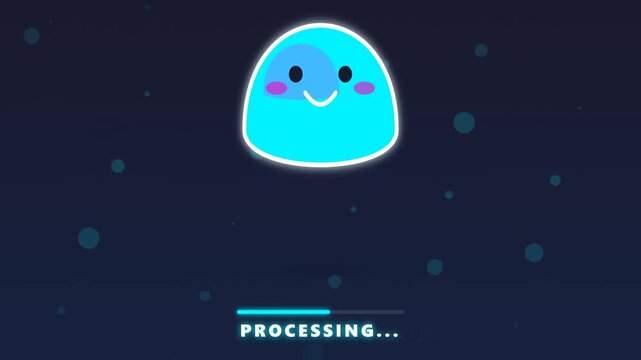 Cute Character Loading Animation with Progress Bar. A cheerful character with a smiling face jumps over a progress bar in the background.