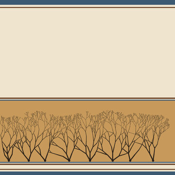 Mocha ware pottery background with copy space, dark branching dendrite trees in an ochre band between turned blue and brown stripes on cream