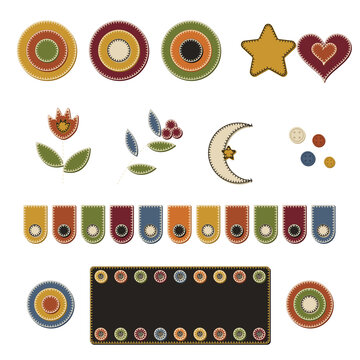 Wool applique penny rug elements set, felt pennies, tongues, star, heart, tulip, leaves, berries, moon, buttons and a blank black wool panel with blanket stitch