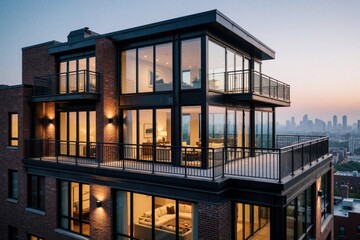 Fototapeta premium Modern loft house facade with steel frames, large glass windows. Luxury penthouse apartment features spacious balconies, warm interior lighting at sunset. Urban residential building shows