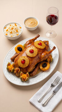 Roast duck served with fruit in syrup and a rich sauce, accompanied by almond and apricot rice, applesauce, and a glass of red wine; a festive year-end dinner - Pato &agrave; Calif&oacute;rnia