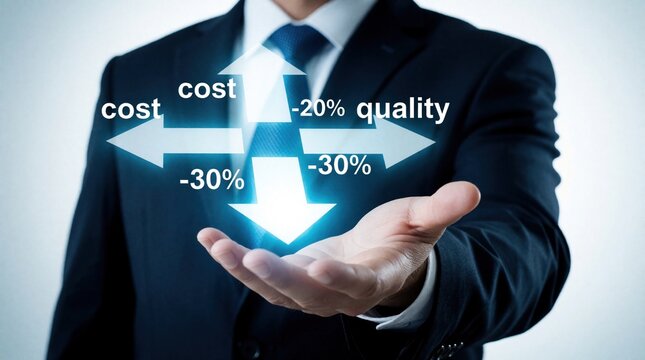 Businessman holds glowing digital interface with arrows showing cost, quality changes. Man manages business strategy to reduce expenses, improve standards. Financial data shows thirty percent