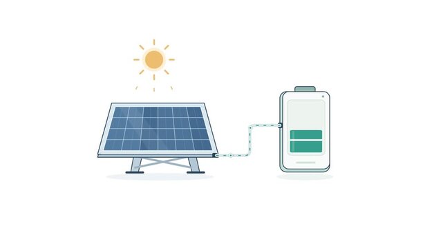 Endless loop solar panel charging a large power battery storage unit in a clean energy concept animation