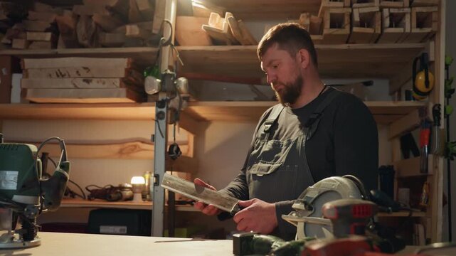 Man inspects wooden workpiece with precision surrounded by various power tools like saws. Man stands at well equipped woodworking bench in his shop examining ruler and tool details