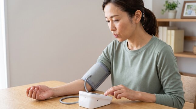 Cardiology: Asian woman checks her blood pressure at home for proactive heart health