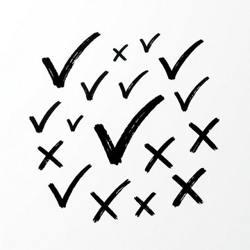 Hand drawn black check marks, cross marks set on white background. Scribbled tick, x symbols in doodle style. Collection of yes no signs for validation, voting, selection, correct wrong answers,