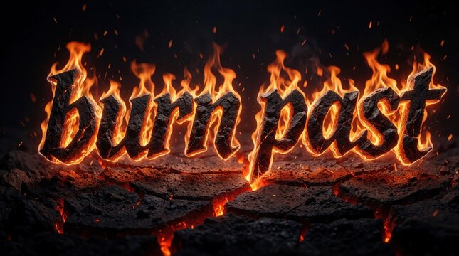Bold flaming text burn past on dark cracked ground. Burning words with hot fire flames over dry desert soil. Dramatic glowing letters symbolize motivation, success, leaving old life behind. Intense