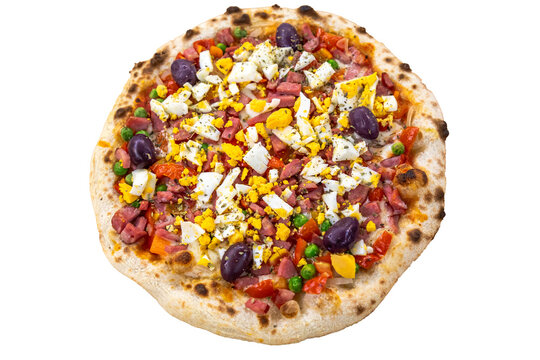 Traditional Brazilian pizza portuguesa with leopard-spotted artisan crust, topped with tomato sauce, mozzarella, ham, chopped hard-boiled egg, black olives, peas, tomato and onion.