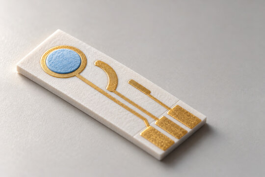 Thin film sensor design with gold and blue protein layer on white substrate showing detailed electronic components
