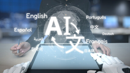 A striking visual blending artificial intelligence and multilingual communication with virtual hands and a digital globe, emphasizing technological innovation and global connectivity. Salient © InfiniteFlow