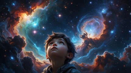Fototapeta premium Little boy looks up at colorful cosmos in night sky. Child watches bright nebula, glowing stars in deep space. Dreamy fantasy scene shows wonder of universe, galaxy clouds, celestial beauty. Young