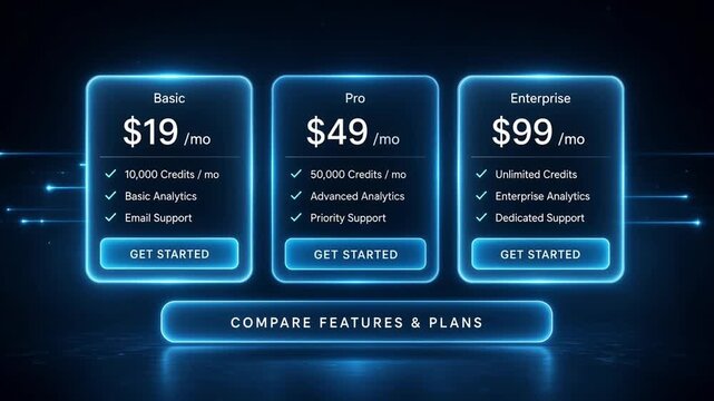 Modern Glowing Three Tier Pricing Comparison Interface Design for Software as a Service Subscription Models