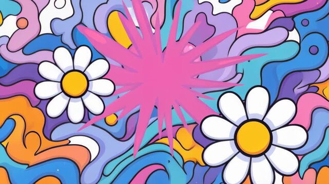 Psychedelic Daisy Bloom: A vibrant, abstract explosion of psychedelic patterns and swirling colors, punctuated by two cheerful daisies, evokes a retro, free-spirited vibe.