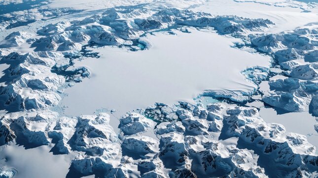 Satellite view of melting arctic glaciers, receding polar ice caps. Large white ice sheet surrounded by snow covered mountains, dark blue ocean water. Global warming effect shows massive ice loss,