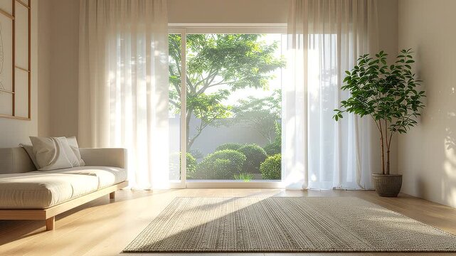 庭に面した明るいリビングで白いカーテンが揺れる風景