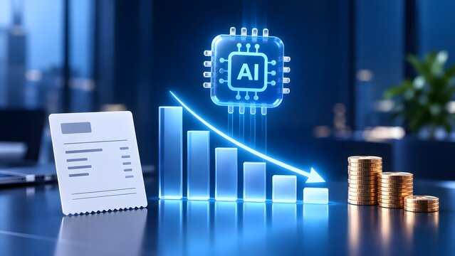 Artificial intelligence microchip above a descending bar chart with paper invoice and gold coins representing expense reduction automation and cost savings