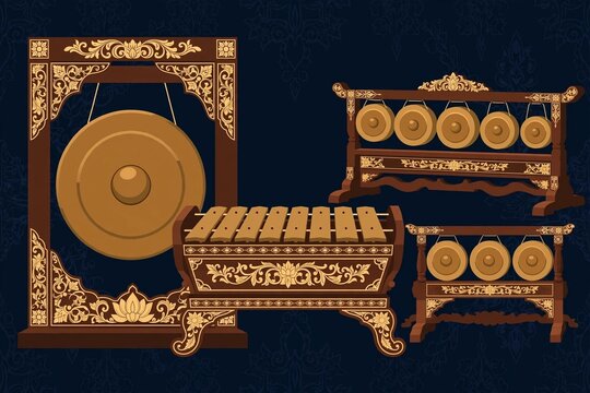 Javanese gamelan instruments flat illustration, bronze gongs music