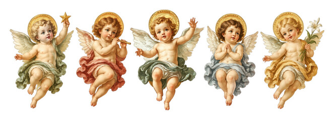 Fototapeta premium Vintage cherub angels illustration with wings, halos, flowers, star