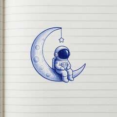 Fototapeta premium Hand drawn blue ink illustration of cute astronaut sitting on crescent moon in lined notebook. Tiny star hangs above space traveler. Minimalist sketch with empty copyspace for text. Creative doodle