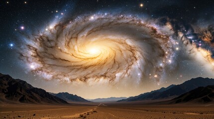 Fototapeta premium Giant spiral galaxy stretches across dark night sky above remote desert landscape. Massive cosmic nebula shines bright over sand dunes, mountain range. Amazing Milky Way view with stars, celestial
