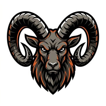 Fierce ram head illustration with curved horns and intense gaze.