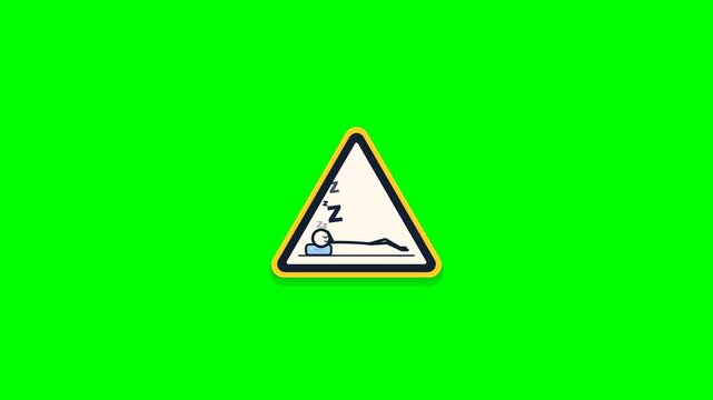 A triangular warning sign on green screen shows a stickman sleeping on a pillow as floating Z letters rise, symbolizing bedtime, rest, drowsiness, fatigue, sleep mode and relaxation in our daily life.