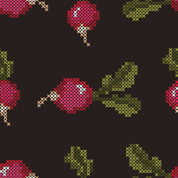 Rustic Vintage Radish Seamless Pattern with Cross Stitch Motif