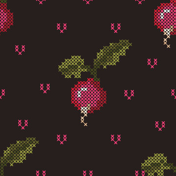 Vintage Radish Seamless Pattern with Floral Cross Stitch Accents